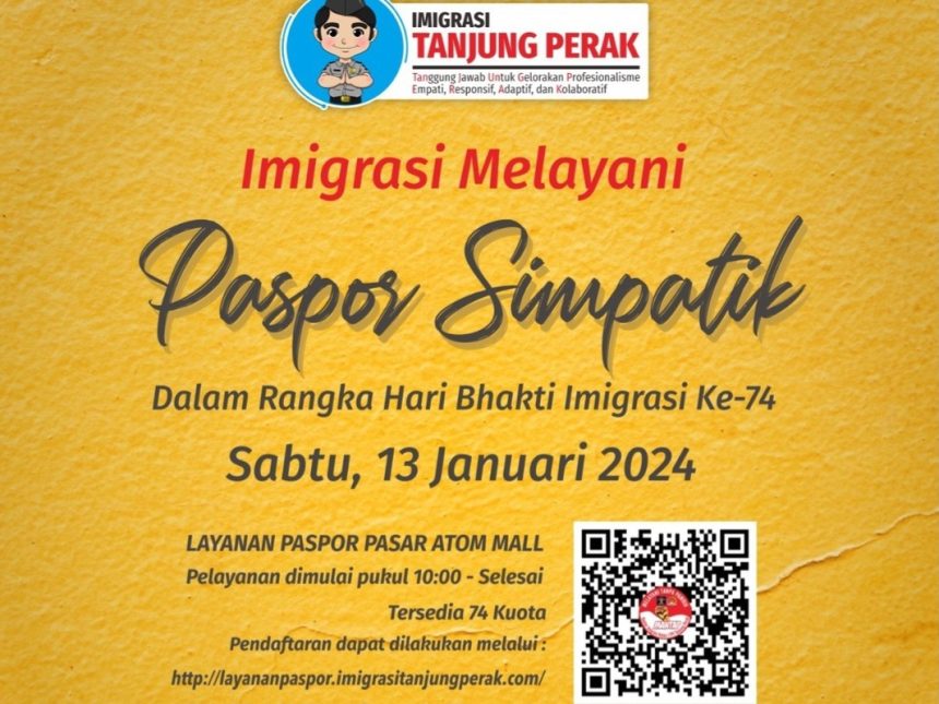 Imigrasi Tanjung Perak buka layanan Paspor Simpatik di Mal Pasar Atum pada Sabtu, 13 Januari 2024.