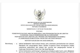 Screenshot SK Nomor M.HH-11.KP03.04 yang di-release oleh Biro Sumber Daya (SDM) Kemenkumham RI. 