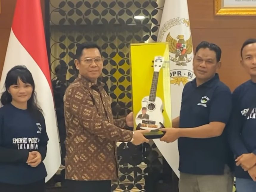 Wakil Ketua DPR Adies Kadir menerima cenderamata dari perwakilan musisi jalanan di ruang kerjanya.