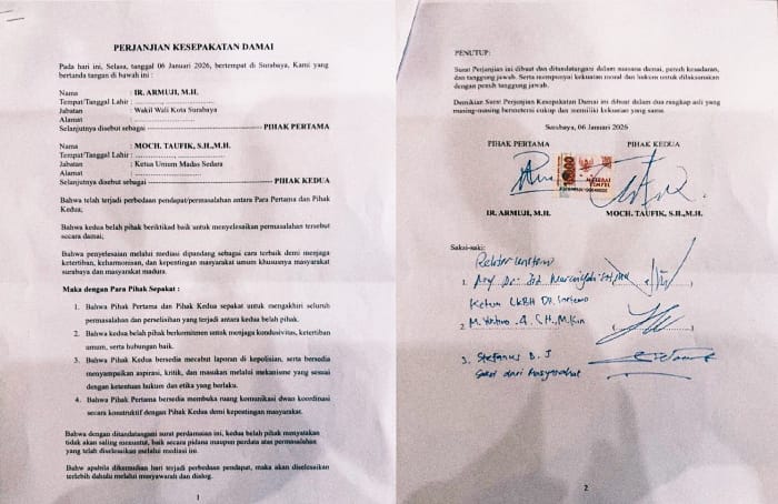 Berikut isi kesepakatan perdamaian antara Ketua Umum Madas Sedarah, Muhammad Taufik dan Wakil Walikota Surabaya, Ir Armuji, MH.