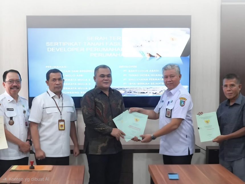 Kepala Kantor Pertanahan Kabupaten Jombang Wawas Setiawan, S.SiT., M.M. (dua dari kiri) menyaksikan penyerahan sertifikat.