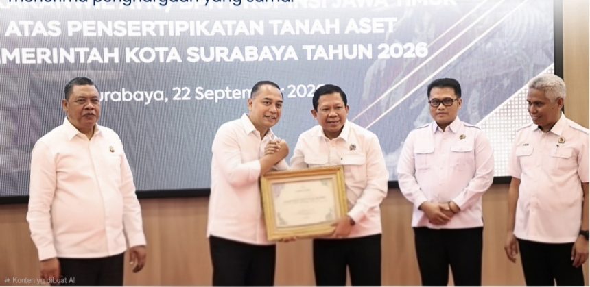 Wali Kota Surabaya Eri Cahyadi memberikan penghargaan kepada Kepala Kantor Pertanahan Kota Surabaya I, Wida Rihardyan Adjie disaksikan Kajati Jatim Abdul Kohar dan Kakanwil BPN Jatim Muhammad Naim.